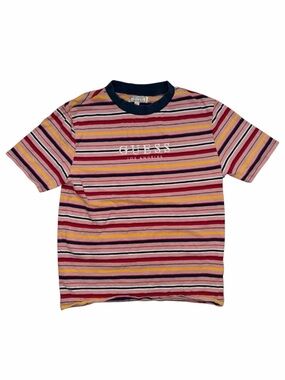 RETRO Vintage Men's Guess Small Multi-Color Striped T-Shirt Short Sleeve Top